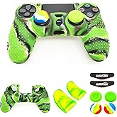 Silicone Skin Cover for Ps4 Controller (1pc Anti-Slip Case, 1 Pair L2 R2 Trigger Extender, 4pcs Thumb Grips,4pcs LED Light Bar Decal) Protector for DualShock PS4/ Slim/Pro Controller (Green granular)