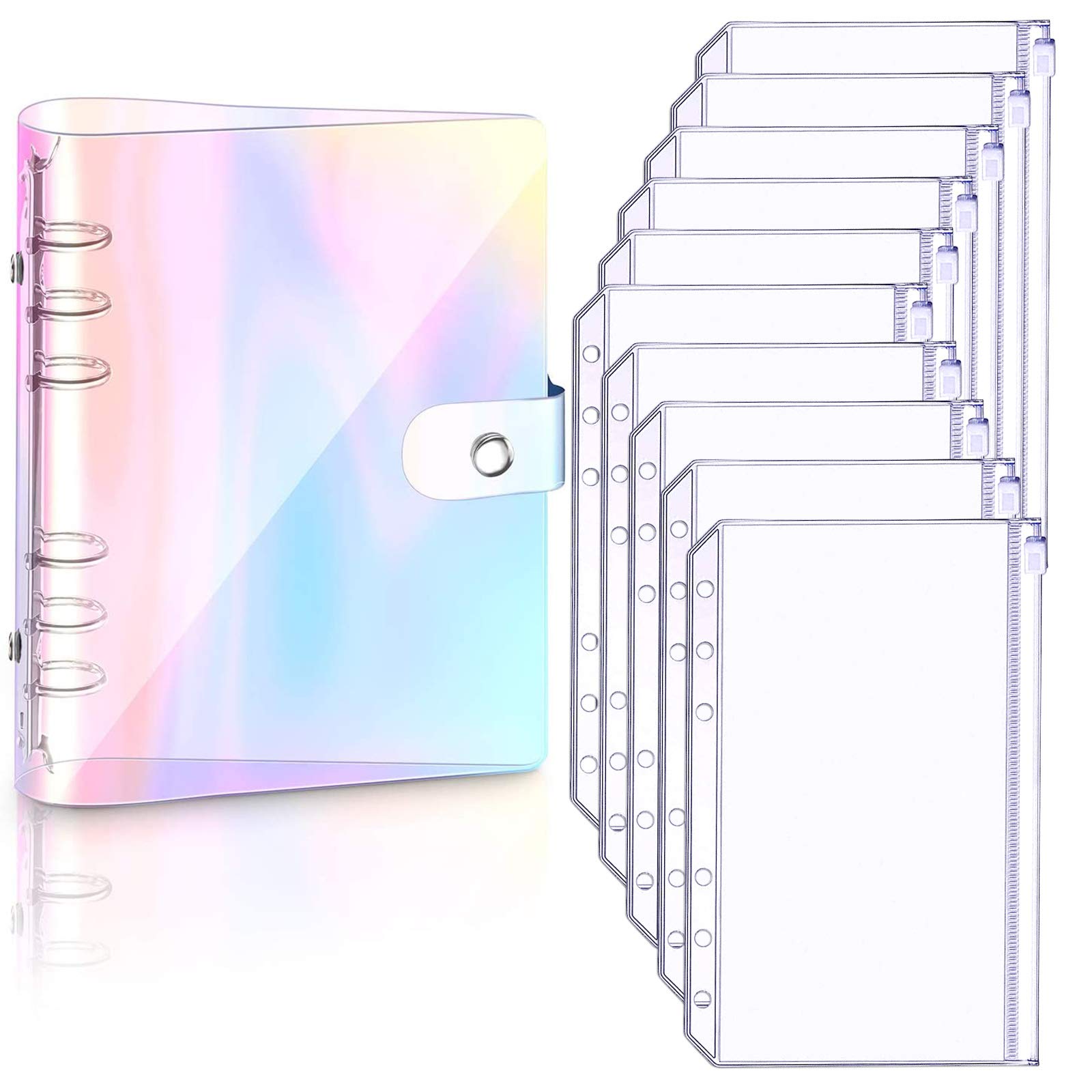 A6 Rainbow Soft PVC Notebook Binder and 10 PCS A6 Sizes Notebook Binder Loose Leaf Bags, Refillable Paper, Translucent Binder Zipper Folders(Rainbow)