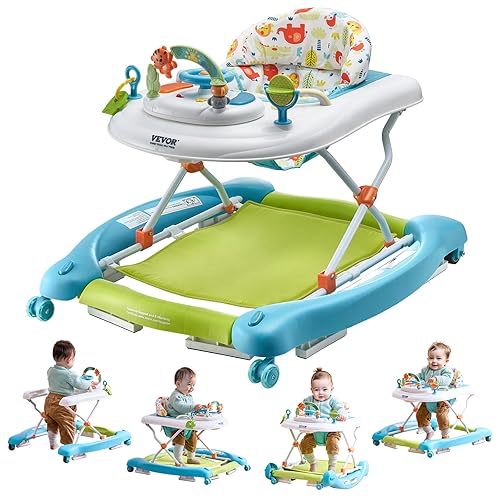 VEVOR 4-in-1 Baby Walker, Folding Baby Activity Center with Wheels, 3 Adjustable Height, Music & Toys Tray, Learning-Seated | Walk-Behind | Rocker | Bouncer Toddler Walker for Girls Boys 6-24 Months