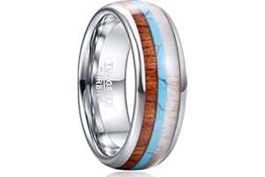 Vakki 8mm Men's Tungsten Carbide Ring Deer Antler Turquoise Koa Wood Inlay Comfort Fit Size 7-12