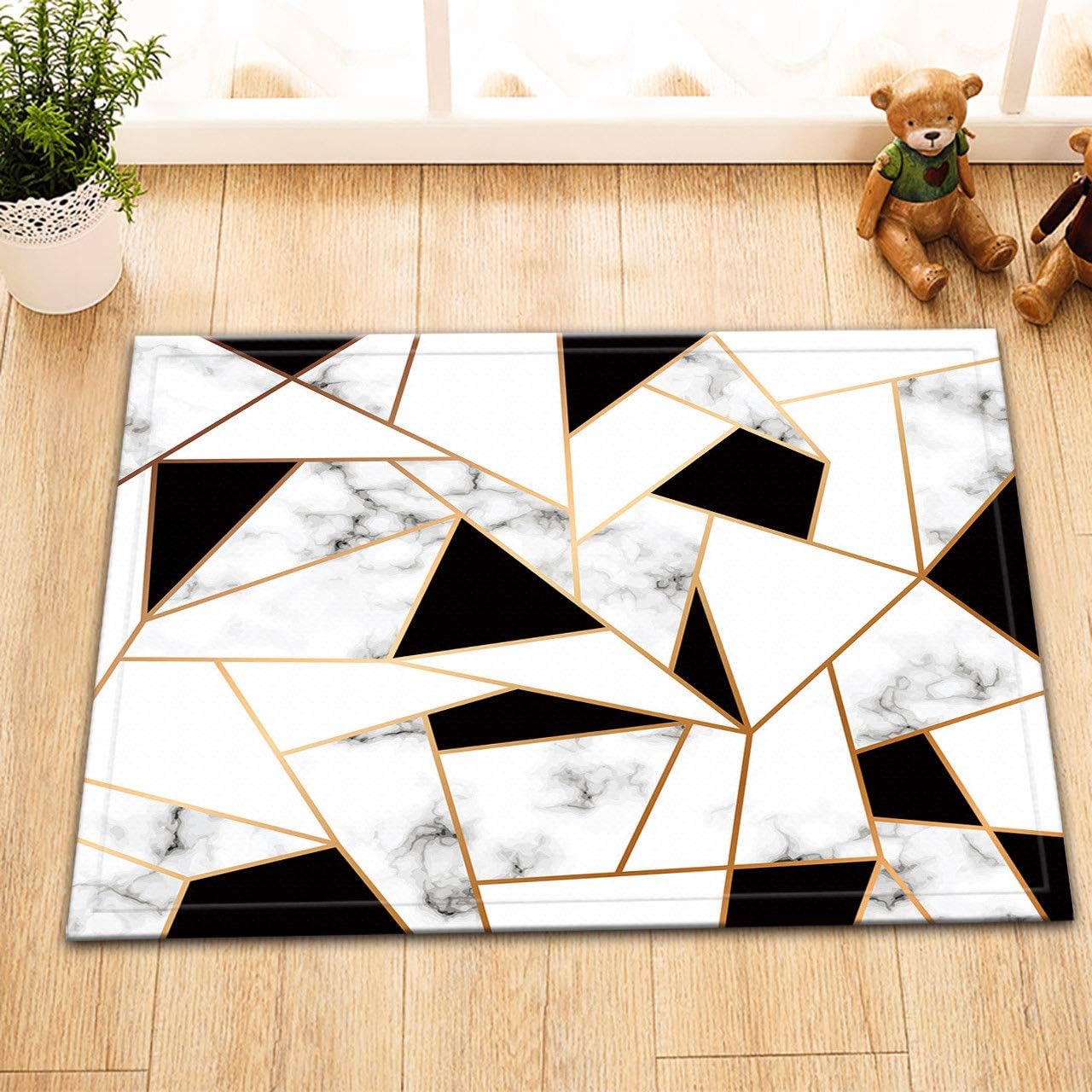 CHENGLVV Abstract Geometric Rug,Black and White Gold Marble Pattern Ink Texture Marble Bathroom Rug 40X60CM Non-Slip Indoor Outdoor Bathroom Welcome Mat