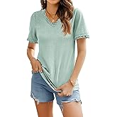 MIHOLL Women's Ruffle V Neck Tops Casual Short Sleeve Tee Cute T-Shirt