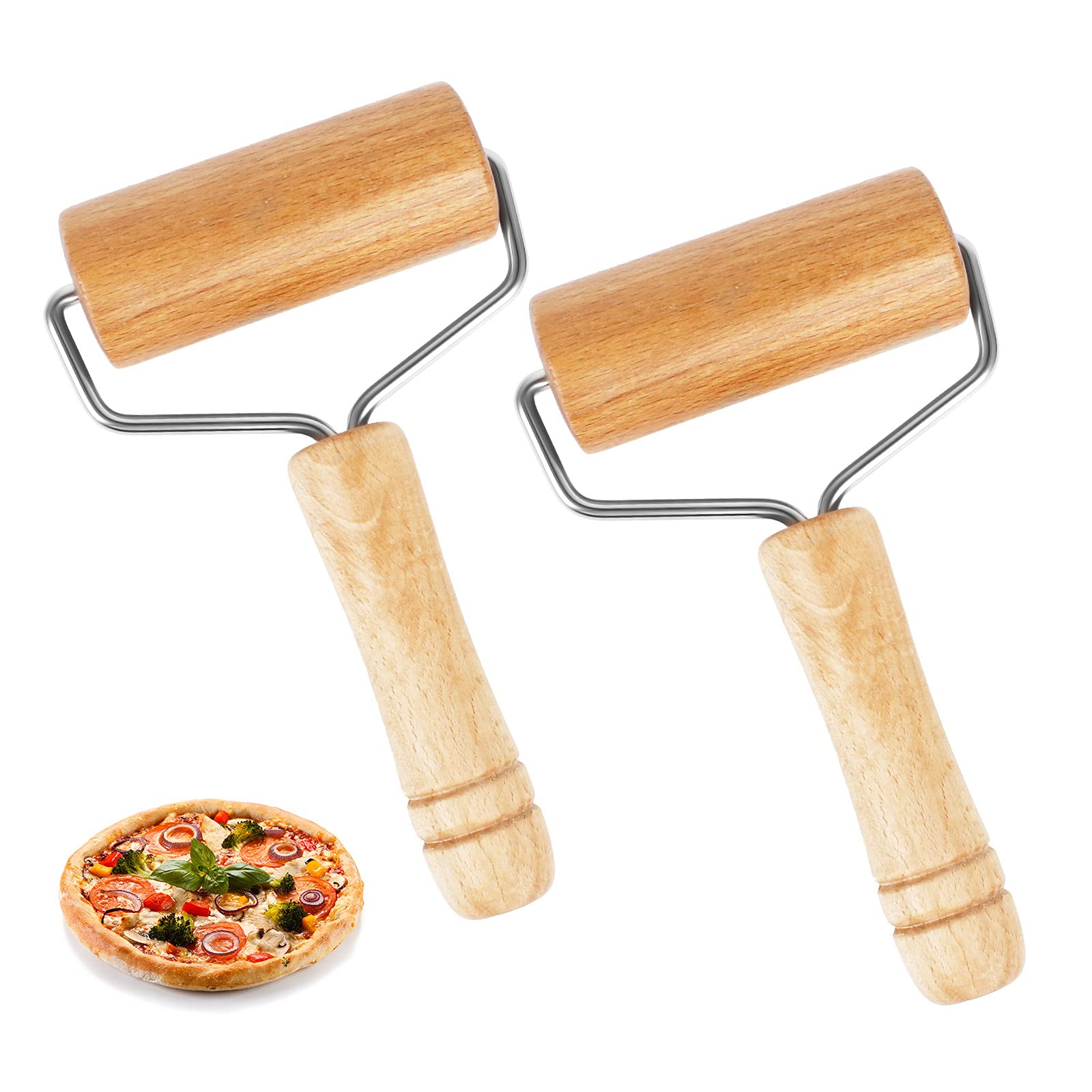 2 PCS Wood Pastry Roller Wooden Rolling Pin Pizza Dough Rollers Non Stick Comfortable to Grip Wooden Rolling Pin with Handles for Home Bakery Cooking Baking