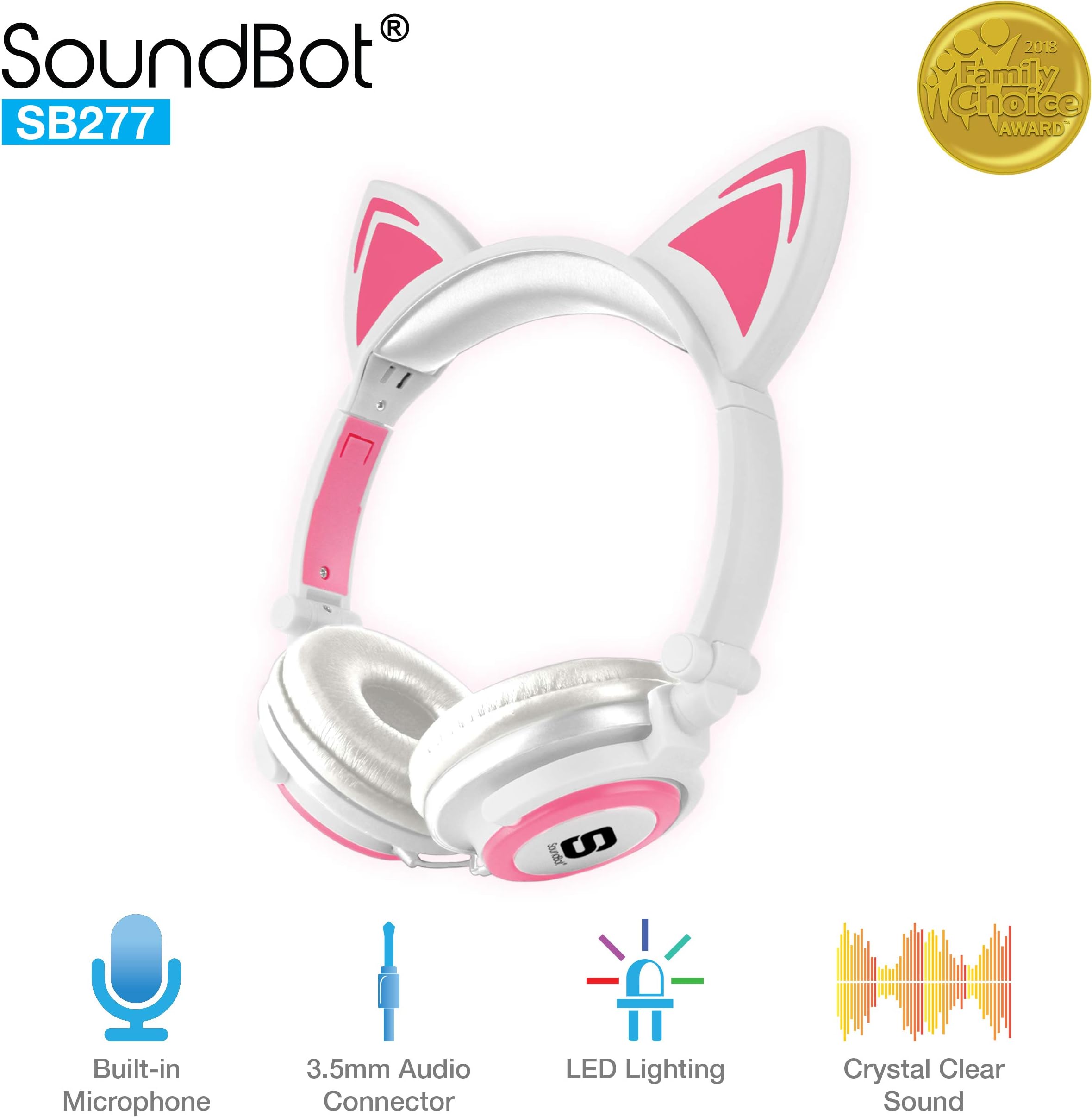 SoundBot SB277 Flashing Glowing LED Cat Ear Fordable Wired Over-Ear Headphone Headset w/Crystal Clear Stereo Sound, Built-in Mic, 3.5mm Audio Jack for Cosplay (WHT/PNK)