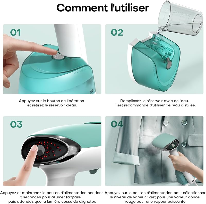 Defroisseur Vetement 1500W, 365ml Réservoir Élimine Pliures Portable