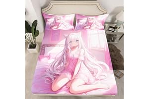 Erosebridal Full Size Japanese Anime Fitted Sheet for Kids, Anime Girl Bedding Set Kawaii Japanese Style Bed Sheets Cartoon Japan Animation Bed Set for Boys Teen Adult Women Bedroom,Pink