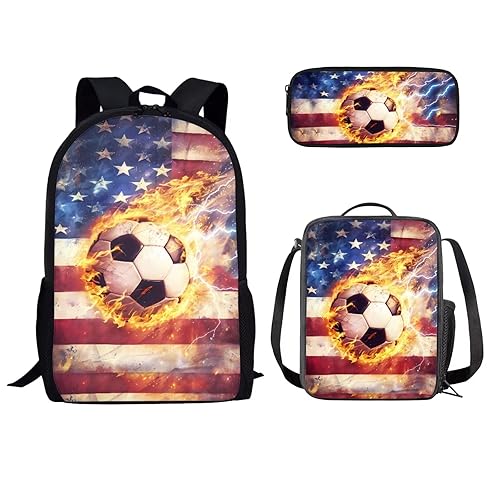chaqlin School Backpack for Girls Bookbag Set 3 Piece American Flag and Soccer Backpack for Kids with Lunch Box and Pencil Case Asethetic Travel Daypack