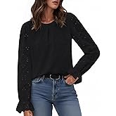 IWH Womens Eyelet Tops Dressy Casual Long Sleeve Pleated Blouses 2025 Trendy Fall Crewneck Embroidered Lace Shirts