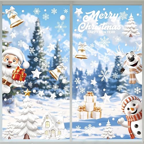 BOLWEO Christmas Window Stickers, 146pcs 9 Sheet Christmas Window Cling,Reusable Double Sided Window Decals Stereo Static Stickers for Christmas Window Decorations