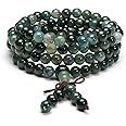 Jovivi 108 Mala Beads Bracelet 6mm 8mm Natural Indian Agate/Green Moss Agate Gemstone Healing Crystal Stone Beaded Bracelet Hand Knotted Prayer Mala Beads Necklace for Yoga Meditation Balance