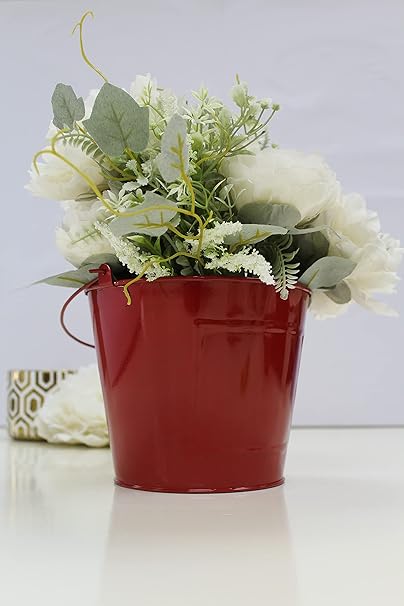 Hosley 6 Inch Galvanized Metal Hanging Planter / Table Top Planters for Dry & Fresh Flower / Hanging Bucket Planter, Red, Set of 3