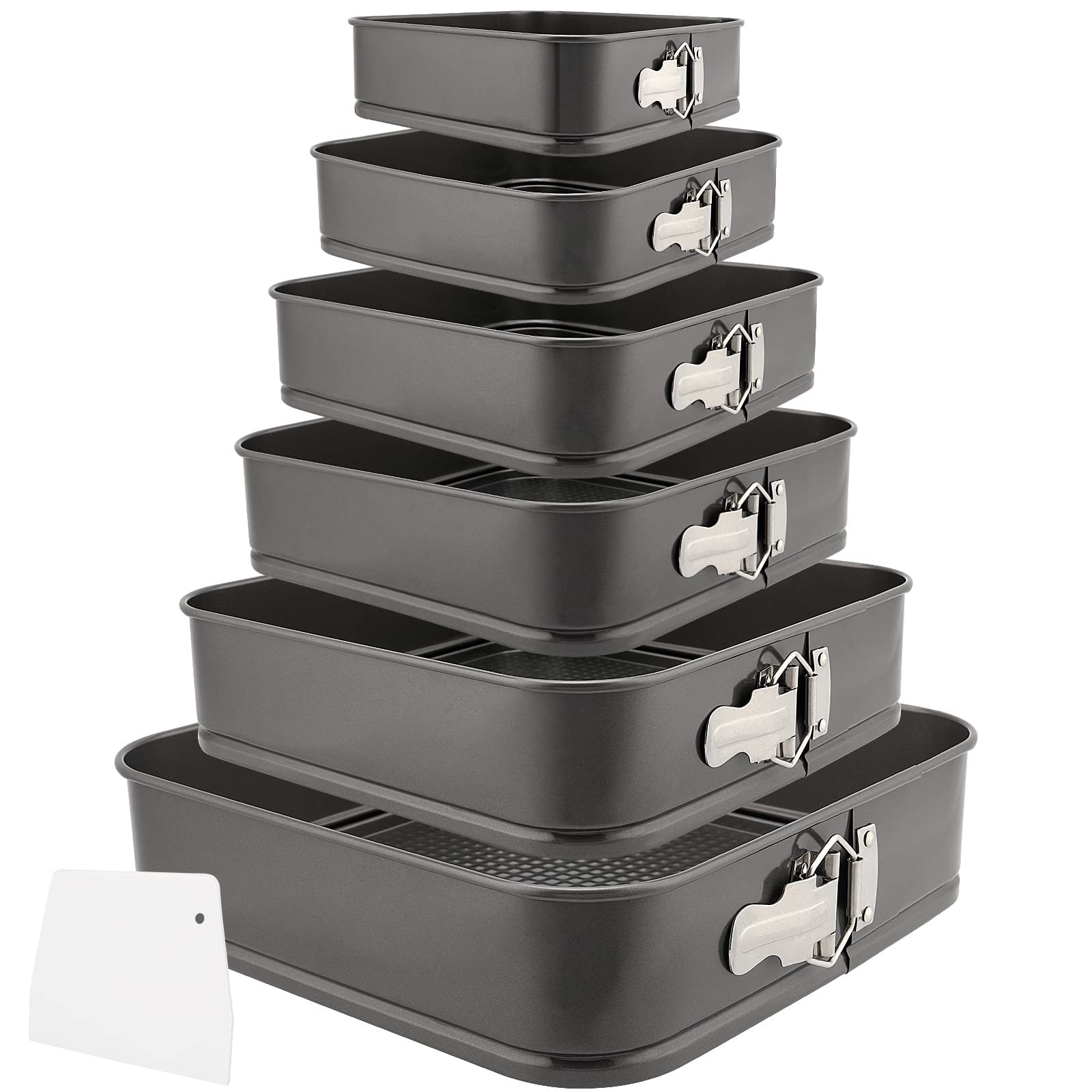 PINGEUI Set of 6 Baking Moulds, Square Cake Tin, Square Springform Tin, Square Baking Mould with Trapezoidal Cake Scraper, Black Cake Mould Set, Baking Dishes, Baking Supplies