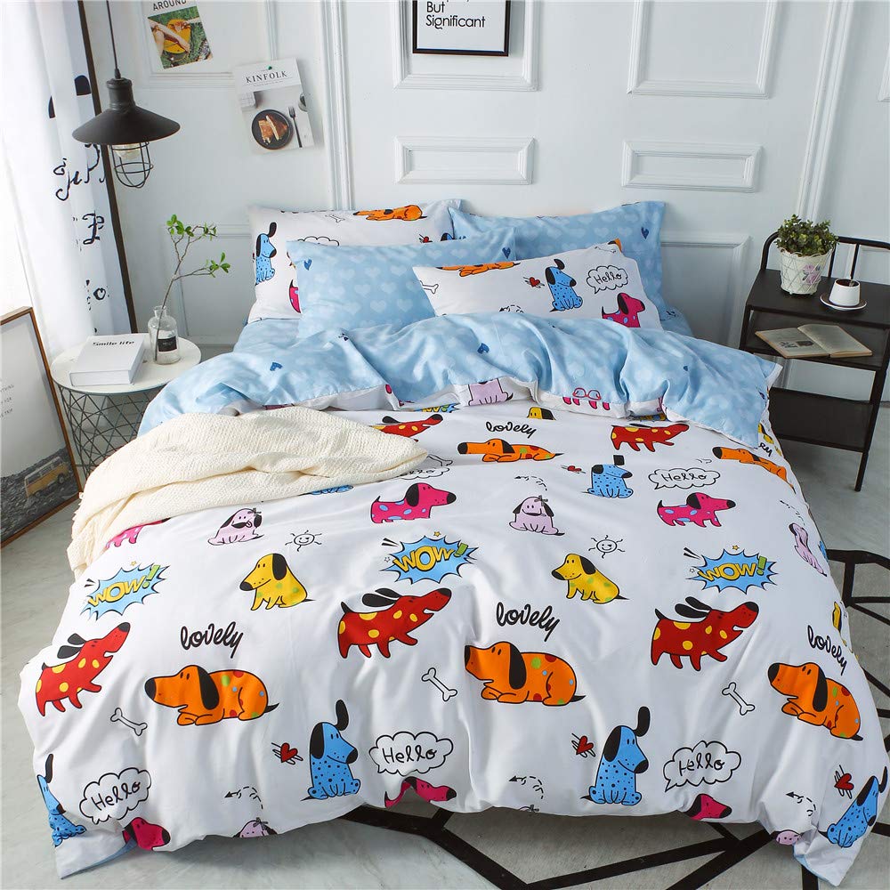 OTOB Cartoon Puppy Dogs Bedding Sets Cotton Girls Boys Duvet Cover Set Reversible Kids Bed with 1 Cute Comforter Cover and 2 Pillowcase (Twin, Blue White)