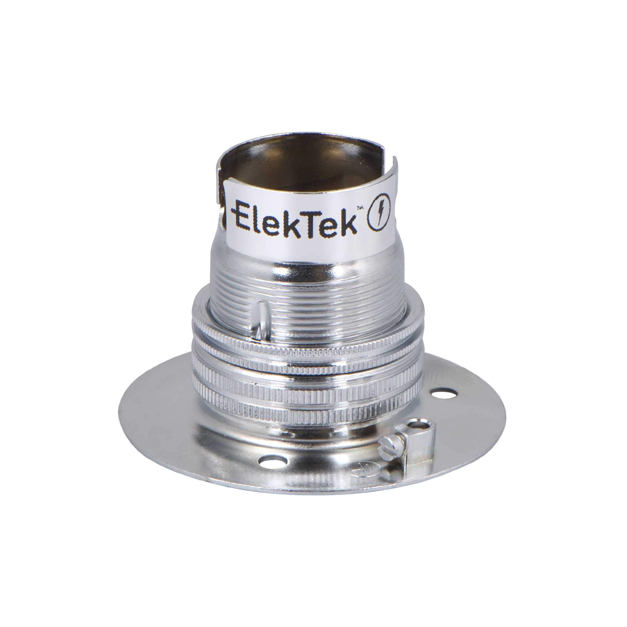 ElekTek Chrome B22 Batten 52mm Base BC Bayonet Cap Lamp Holder with Shade Ring, NOT for BESA Conduit Box - Made in UK
