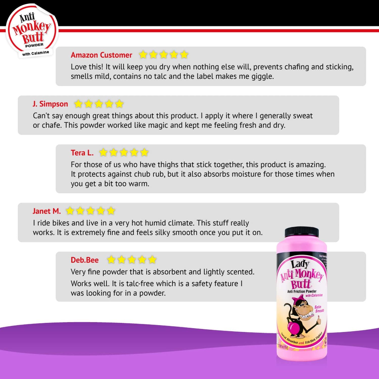 Lady Anti Monkey Butt | Women's Body Powder with Calamine | Prevents Chafing and Absorbs Sweat | Talc Free | 6 Ounces | Pack of 1: Health & Personal Care