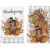 Artoid Mode Buffalo Plaid Turkey Thanksgiving Kitchen Towels Dish Towels, 18x26 Inch Fall Pumpkin Leaves Decoration Hand Towels Set of 2