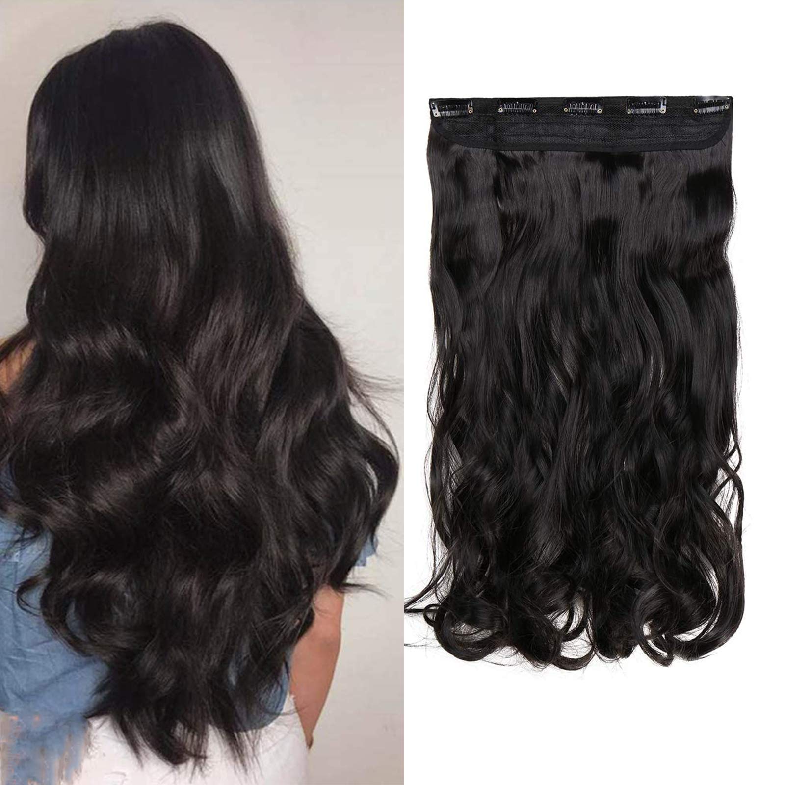 One Piece Clip in Hair Extensions 17inch Curly Wavy Hairpieces Invisible Synthetic Hair 3/4 Half Full Head [Natural Black]