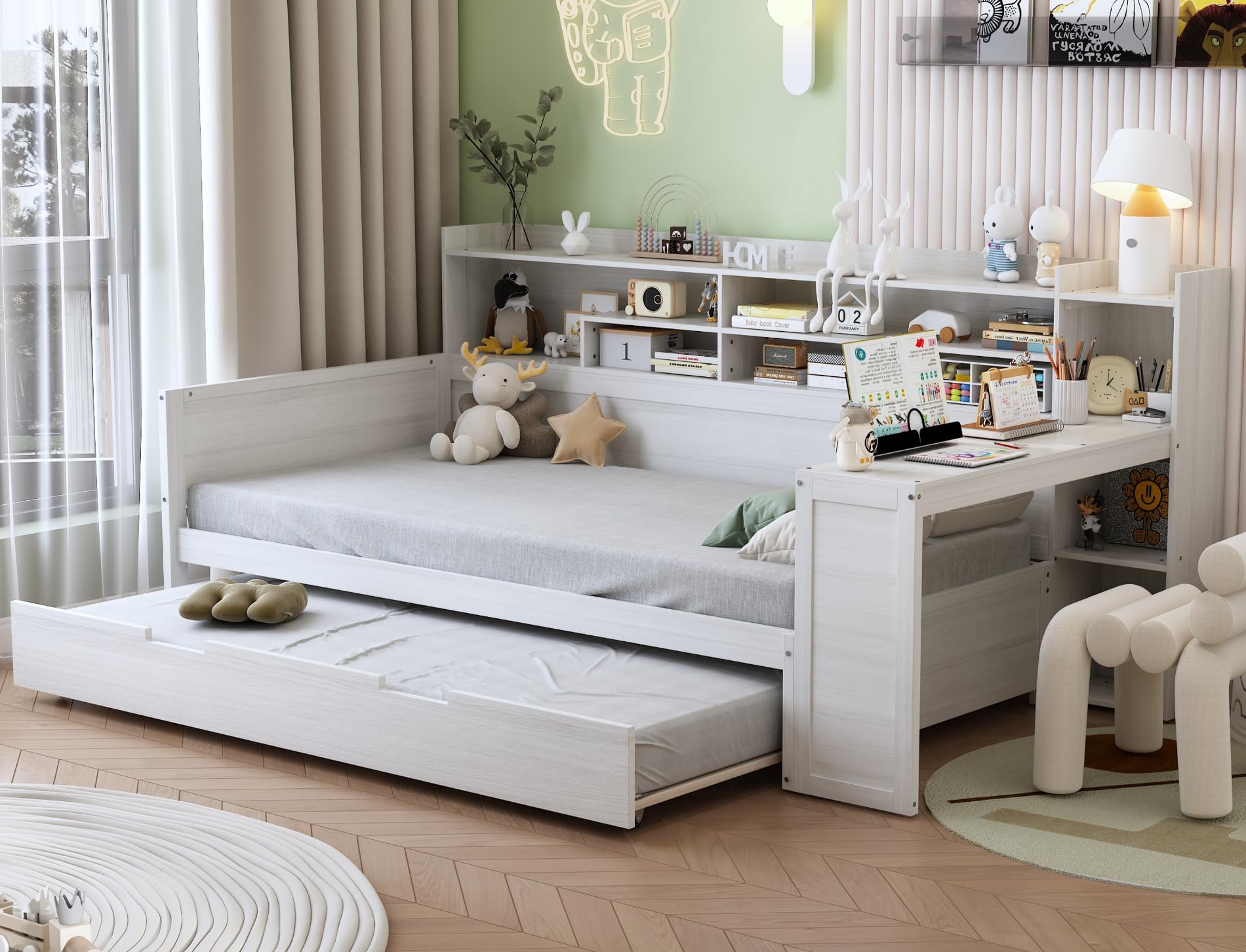 Photo 1 of ***PARTS ONLY -SELLING AS PARTS ONLY)*** Merax Full Size Corner Bed Frames with Desk and Trundle & Storage Shelves Headboard, Pinewood U-Shaped Captain Daybed for Small Room, Bedroom, Guest Room, Kids' Room, White ***(BOX RIPPED/TORN -SOME SCUFFS/SCRATCH