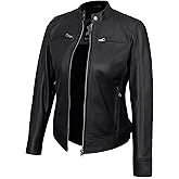 UrbanFocal Womens Leather Jacket - Stylish Cafe Racer Real Lambskin Motorcycle Leather Jackets For Women