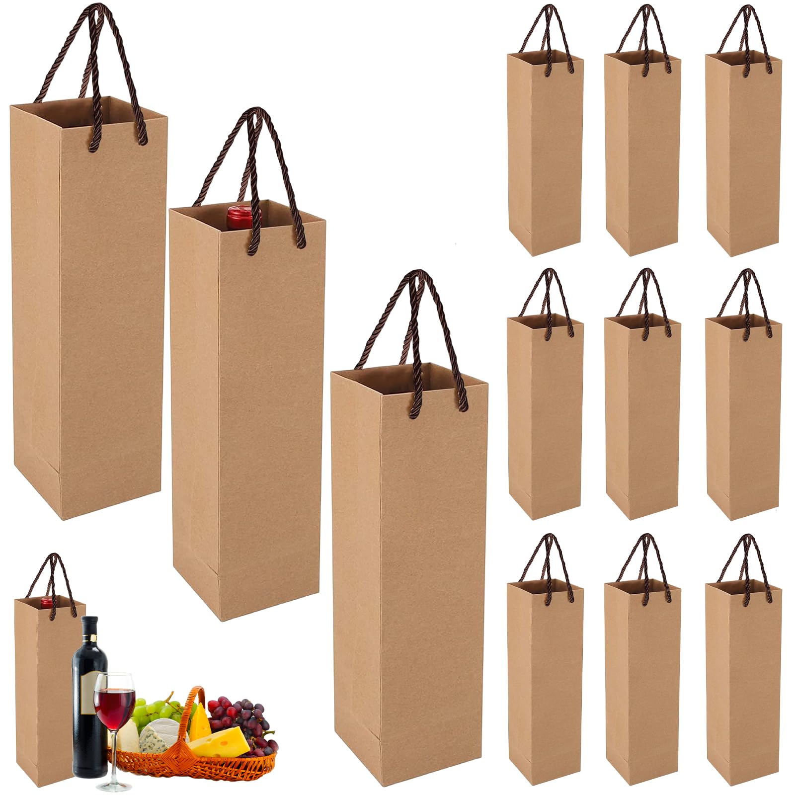 POPOYU Brown Bottle Gift Bags Multipack,12 Packs Christmas Bottle Bags for Wine with Handle and Kraft Paper Gift Tags,New Year Xmas Wine Bottle Bags for Red Wine Whiskey Champagne Gifts Wrapping Xmas