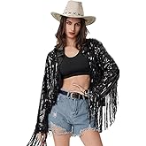 Danceislife Sequin Fringe Jacket Shiny Disco Cowgirl Outfit Sparkly Theme Y2K 90s Streetwear Jacket Glitter Tassel Coat