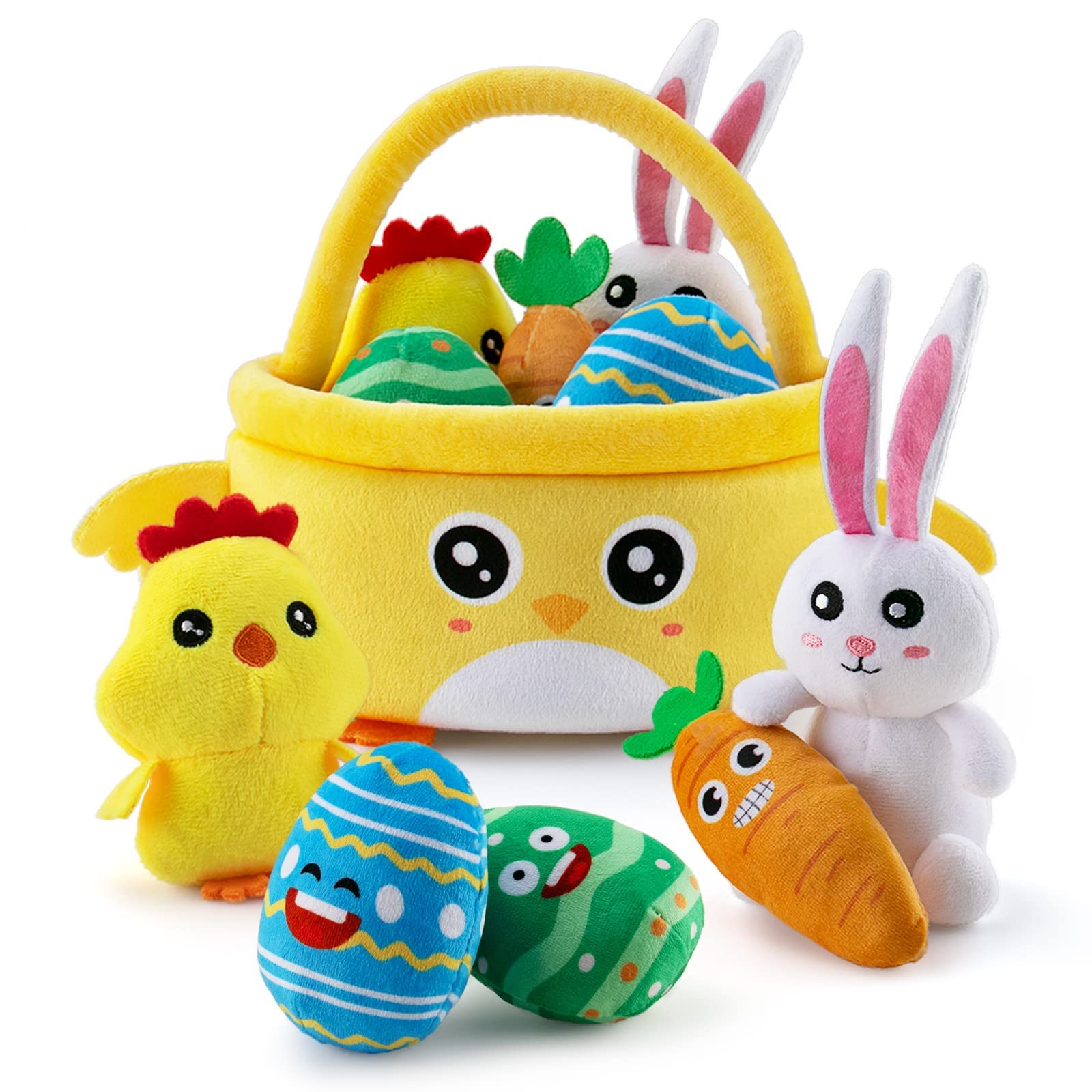 Soft Stuffed Baby Toys,6 Pcs Plush Toy Set with Basket,Bunny,Chicks,Carrots and Easter Eggs, for kids Easter Decorations Party Supplies,Playset Stuffers Toys for Easter Baby & Toddler Gifts