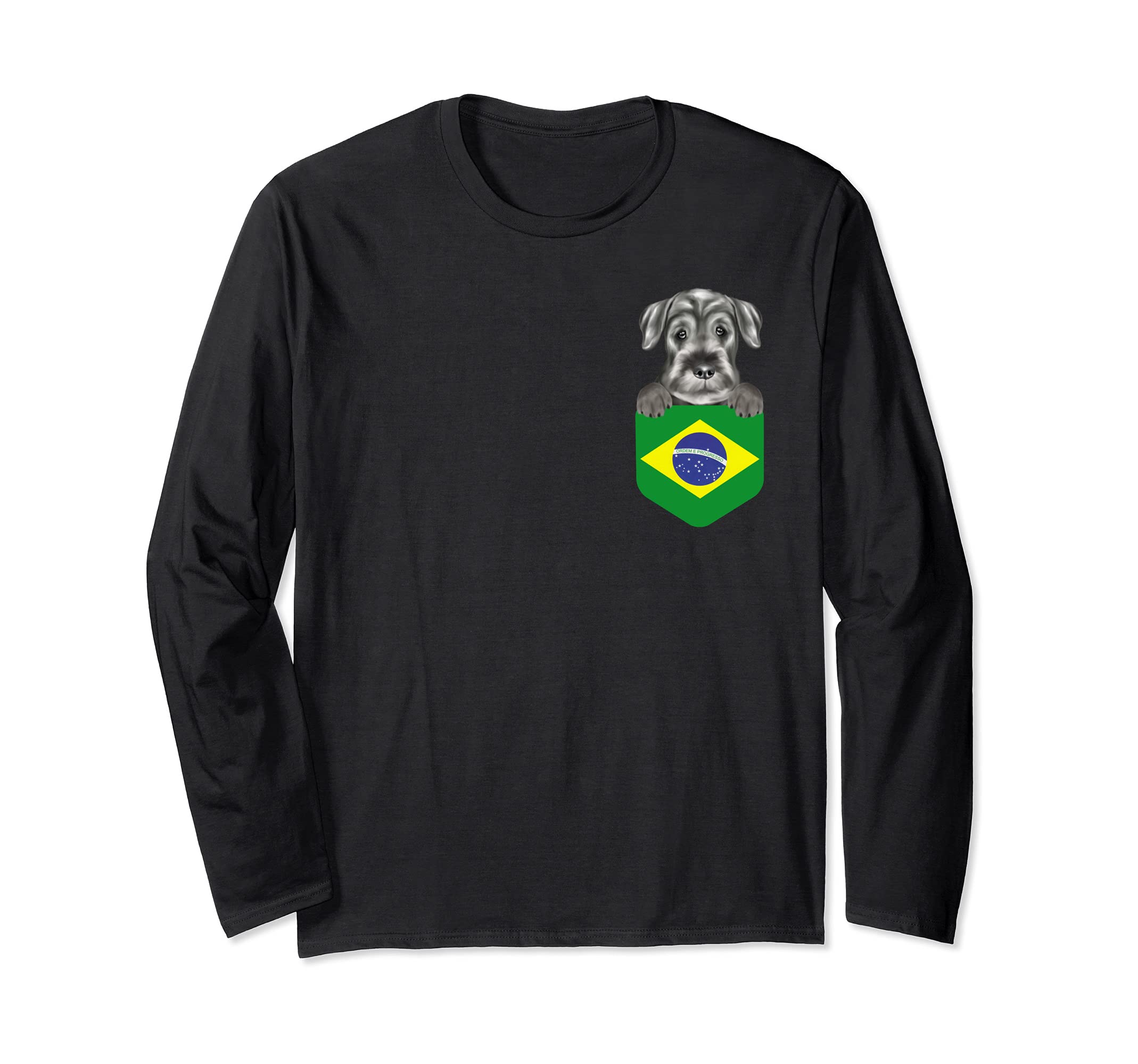 Brazil Flag Standard Schnauzer Dog In Pocket Long Sleeve T-Shirt
