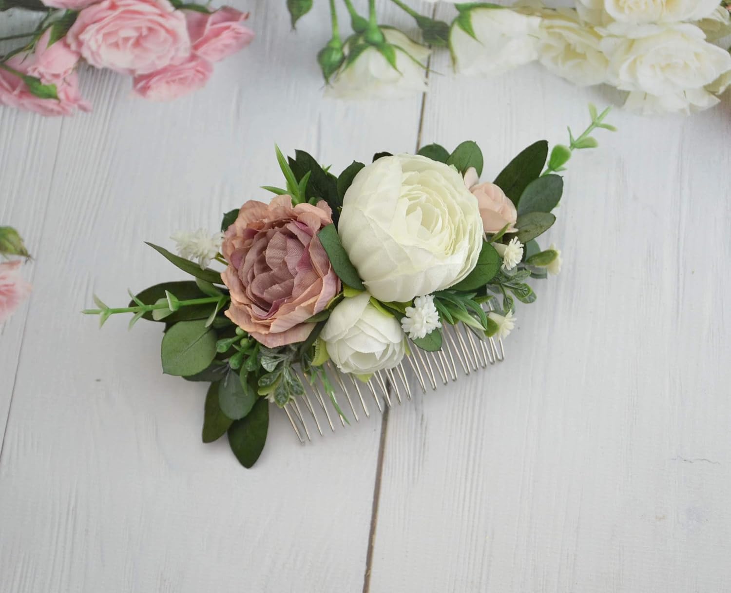 Mauve Wedding Comb For Bride White Peony Flower Comb Bridal Hair Piece Wedding Hair Clip Handmade Products Jewelry