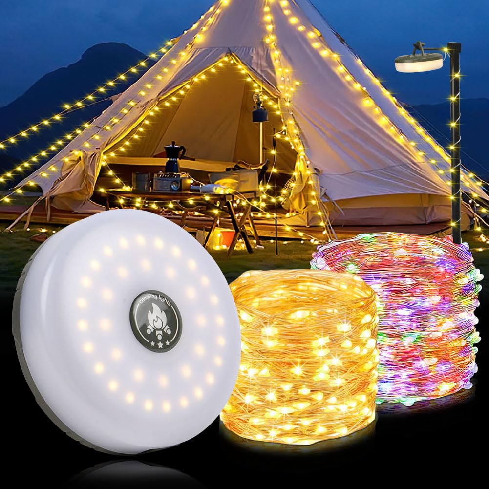 flintronic Camping String Lights, 2 in 1 Portable USB Camping Lights with 8 Lighting Modes, 10m Outdoor Stowable String Light, Rechargeable Tent Lights for Yard, Campsite, Awning, Bedroom, Hiking