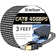 Ximhun Cat 8 Ethernet Cable 3FT, 6FT 10FT 15FT 20FT 25FT 30FT 40FT 50FT High-Speed Braided Internet Cable Network Cord with RJ45 Connector 40Gbps 2000Mhz Heavy Duty LAN Cable Shielded Indoor