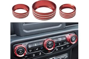 Clwalny 3PCS AC Air Conditioner Switch Button Knob Cover, Aluminum Alloy Trim Radio Volume Control Knob Ring, Car Interior Accessories for Dodge Challenger Jeep Grand Cherokee Chrysler(Red)
