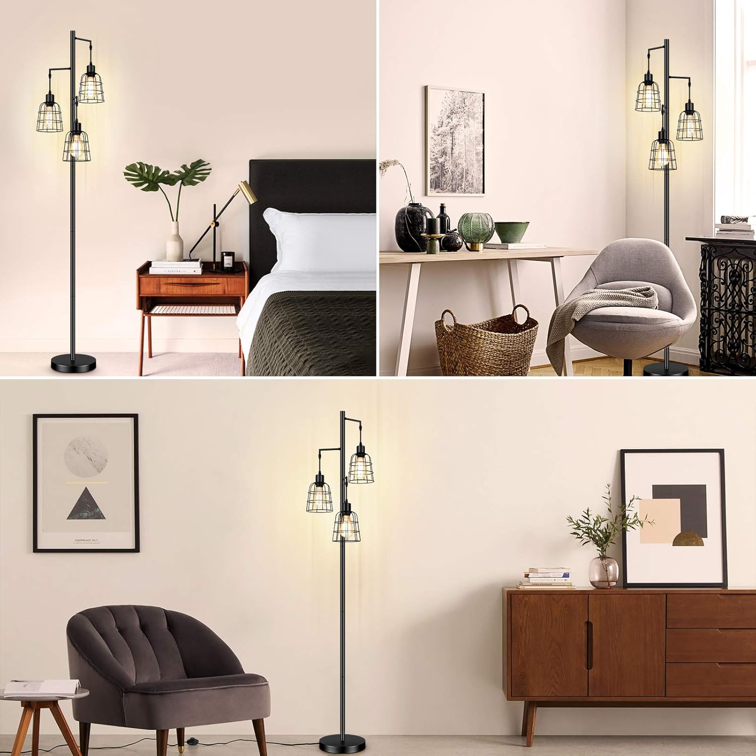 Industrial 3-Light Tree Floor Lamp with Cup-Shaped Cages Farmhouse Rustic Tall Standing Lamp for Living Room Vintage Elegant Black Pole Light with Edison E26 Base Metal Shade for Bedroom Office Hotel - - 