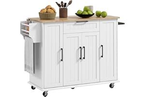 HOMCOM Kitchen Island with Storage, Rolling Kitchen Cart with Rubberwood Top, Drawer, Spice Rack, Towel Rack, Storage Cabinet