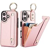 Folosu for iPhone 16 Wallet Case with Card Holder, Hand Wrist Strap Loop Holder Kickstand, RFID Blocking Finger Grip Ring PU Leather Double Buttons Shockproof Cover 6.1" Rose Gold