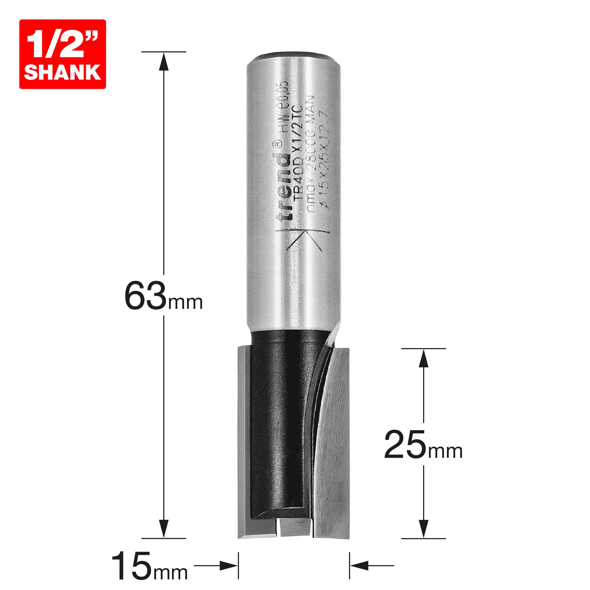 Trend Trade Straight Two Flute Router Cutter, 1/2 Inch Shank, 15mm Cut Diameter, Tungsten Carbide Tipped, TR40DX1/2TC