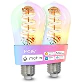 MOES Matter Smart Bulb Vintage Edison ST64, RGB Dimmable, 2 Pack | Matter Certified: Work with Apple Home, Alexa &amp; Google | Vintage Edison ST64, 16M RGB + Tunable White | 2-Pack