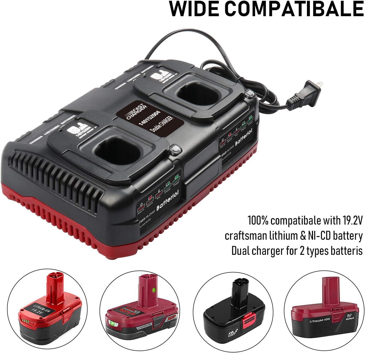 Batteriol 19.2V C3 Battery Dual Charger for Craftsman 19.2V Lithium-ion & NI-CD Battery 11375 11376 130279005 315.PP2011 315.PP2010 Upgraded Dual Chemistry Charger - - 