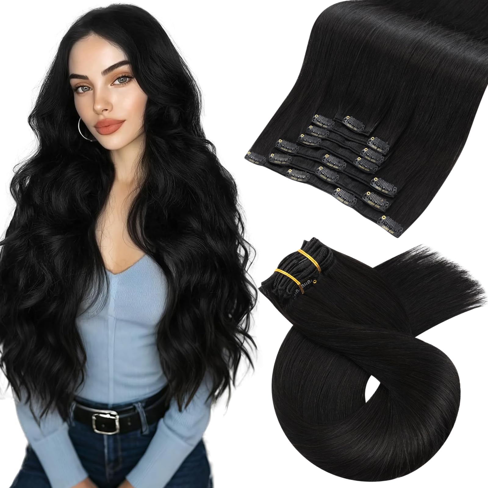 Moresoo Hair Extensions Clip in Human Hair Natural Black 22 Inch 120g 7pcs Invisible Full Head Clip in Human Hair Extensions Black Remy Straight Hair #1B — image 1