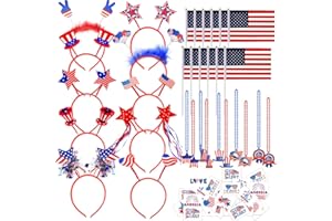 UMEELR 104 Pcs Patriotic Party Supplies, 4th of July Accessories with Necklaces Headbands Flags Tattoo Stickers for Independence Day Celebration Decorations