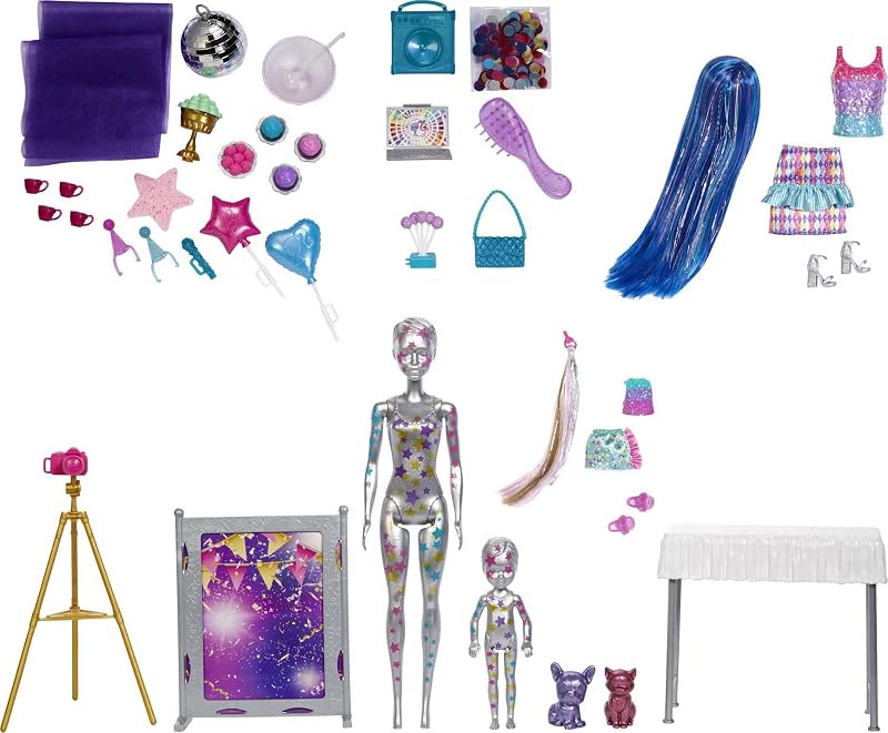 Conjunto de Festa de Revelação de Cores para presente, bonecas surpresa, brinquedo com acessórios e jogo de tabuleiro (Mattel GXJ88)