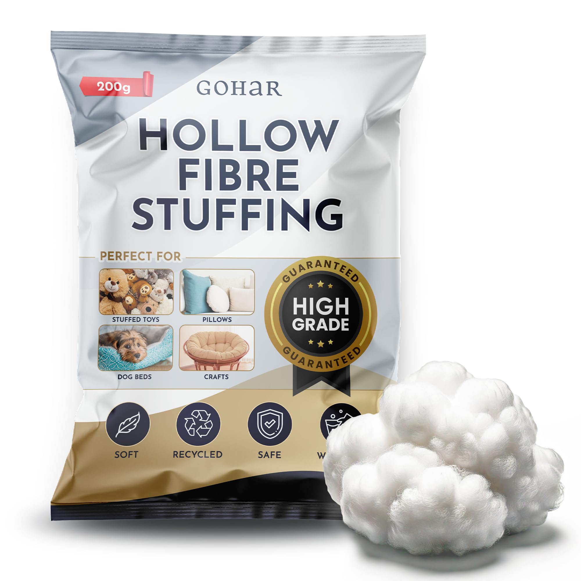 GOHAR Premium Hollow Fibre Filling - 200g Springy Polyester Stuffing for Pillows, Cushions, Toys, Pet Beds & Handmade Crafts - Soft, Resilient & Shape