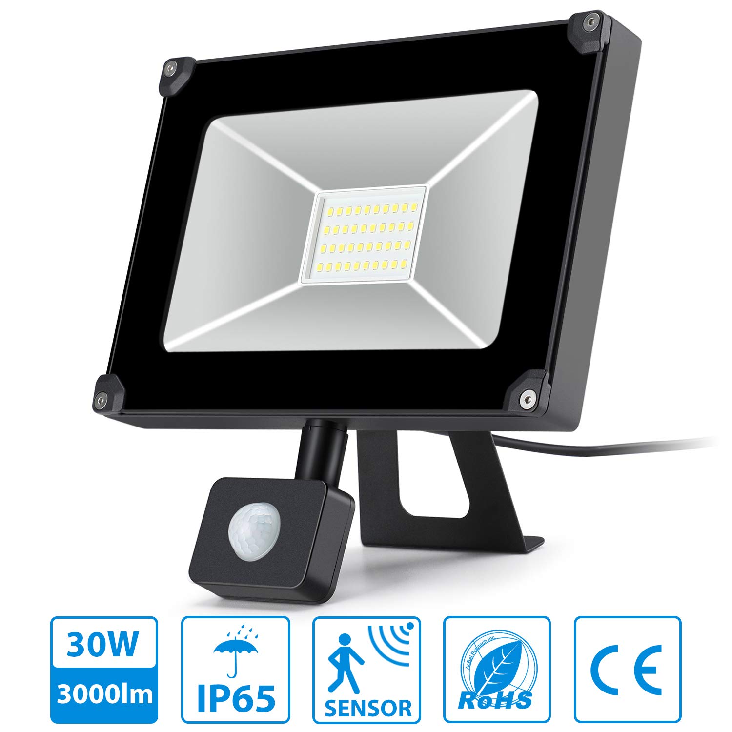 Oeegoo foco led con sensor de movimiento 30w alto brillo 3000lm ...