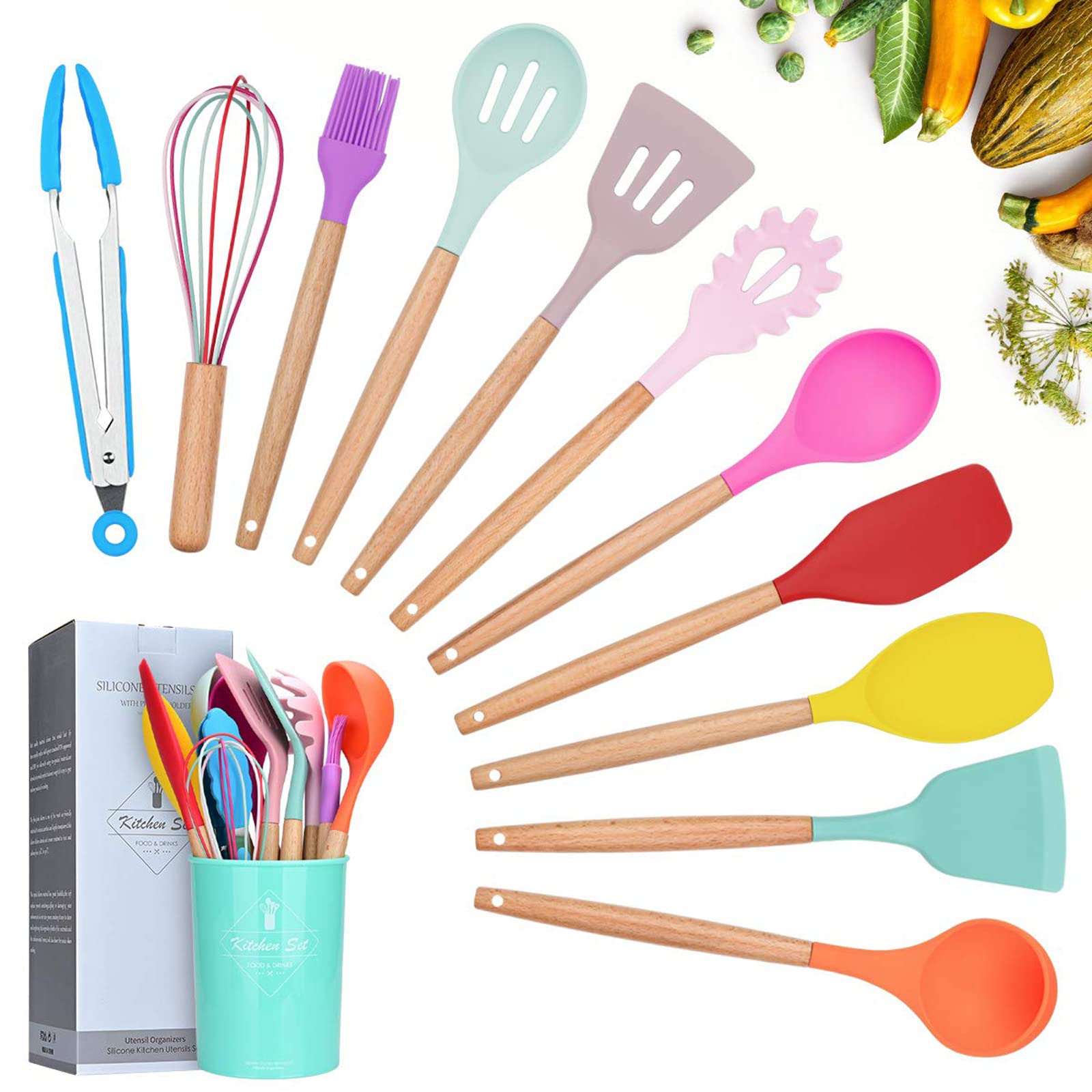 Lychee Kitchen Utensil Set Silicone Cooking Utensils - 12 Pieces Cooking Spatula Turner Heat Resistant Tools with Wooden Handle for Nonstick Non Scratch Cookware Kitchen Gadgets Set (Colour)
