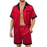 SWOMOG Mens Satin Pajamas Set Silk Pj Sets Short Sleeve Button Down 2 PCS Sleepwear with Drawstring & Pockets S-3XL