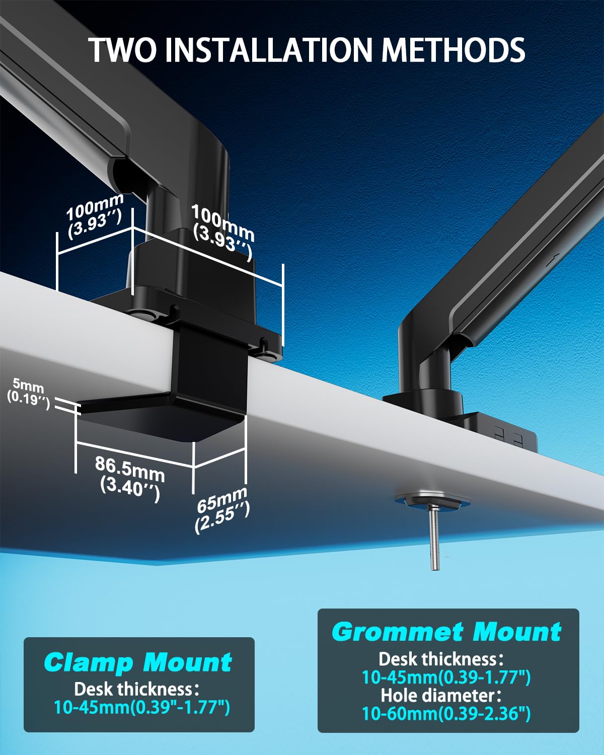 EP Gear 17-49 Zoll Monitorhalterung für Bildschirme bis zu 20 kg, Gebogene Ultra-Wide-Schwerlast-Monitorhalterung, vollständig verstellbar,VESA 75x75mm/100x100mm, C-Klemme und Tülle 2