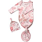 Newborn Baby Knotted Gown for Girls, Newborn Hospital Outfit with Mitten Cuffs, Super Soft Silky Infant Long Sleeve Gown with Tie Bottom