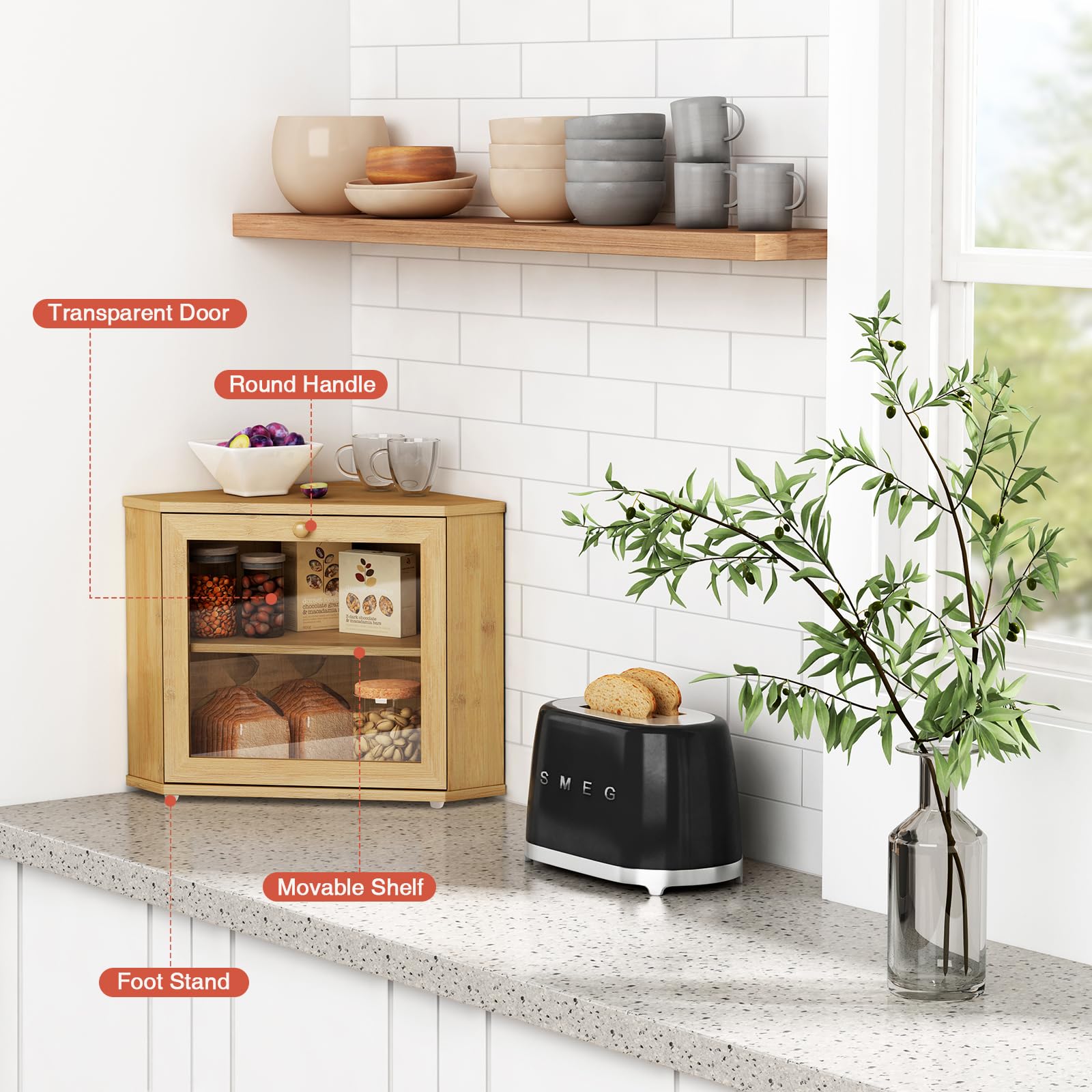 Bamboo Corner Bread Box for Kitchen Counter, 2 Tier Bread Keeper Wooden Round, Farmhouse Bread Storage Bin for Kitchen Countertop, Counter Organizer for Bread, Cup, Fruit, Spice, Snack