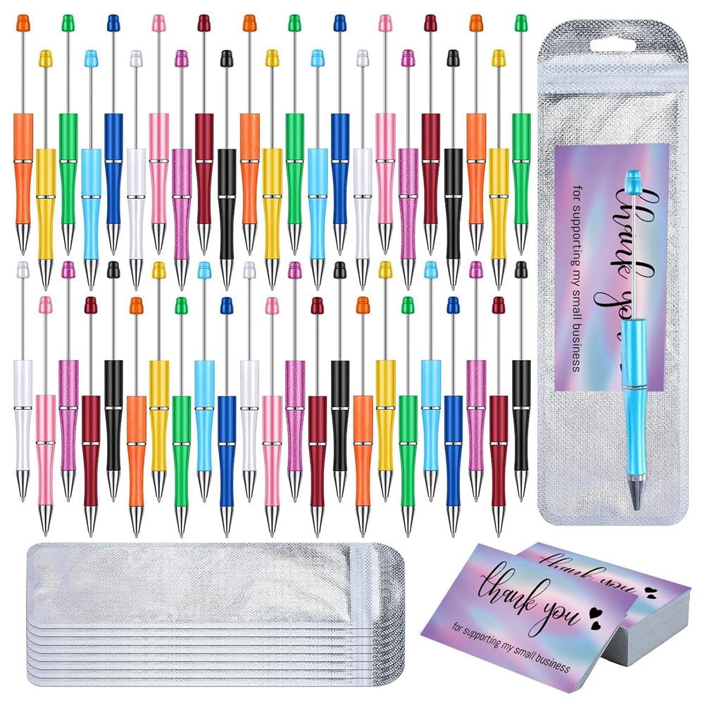 Veciado 150 Pieces Beadable Pens Kit,Colors Plastic Beaded Ballpoint Pens Bulk Foil Thank You Cards for School