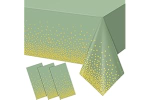 FunnyPars 3 Pack Sage Green and Gold Plastic Tablecloth, Green Disposable Table Cloth for Rectangle Tables, Gold Dot Light Green Tablecloth for Baby Shower Birthday Wedding Party Decorations, 54"x108"