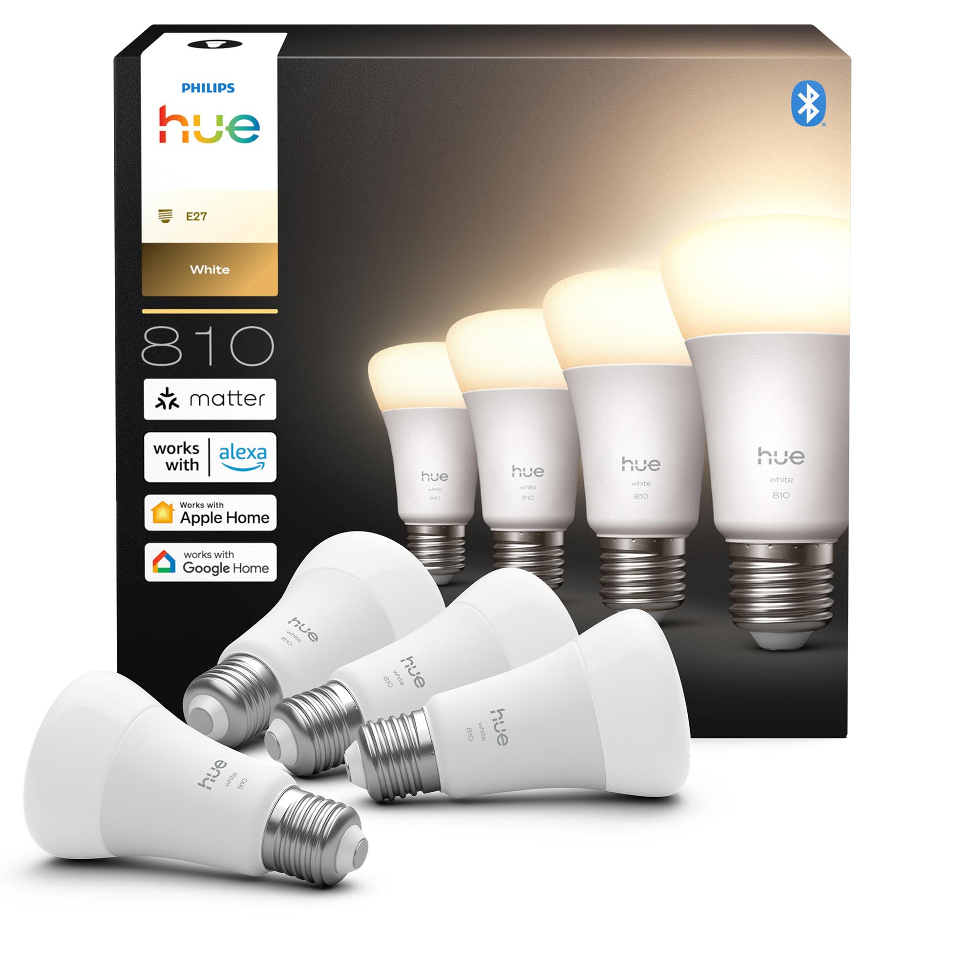 Philips Hue White E27 LED Glühbirne, 810lm, warmweiß, dimmbar, steuerbar via App, kompatibel mit Amazon Alexa (Echo, Echo Dot), 4er Pack, neue Generation